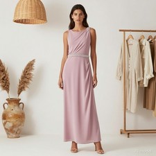 Evening Glam Maxi Dress Pink Chiffon A-Line Sleeveless Pockets Lined Party US 6