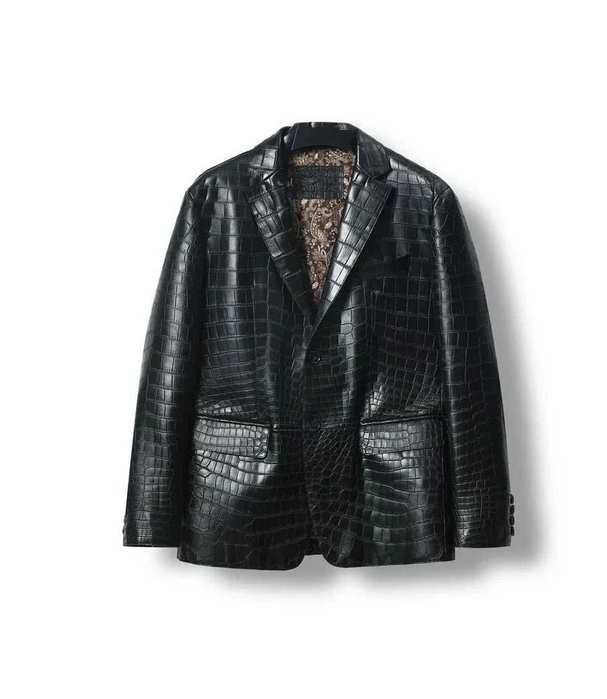 Men's Black Leather Blazer Regular Fit Real Luxury Crocodile Pattern Formal Coat - product detail image 1
