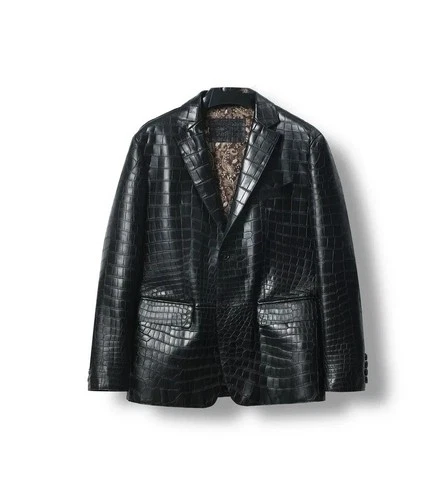 Men's Black Leather Blazer Regular Fit Real Luxury Crocodile Pattern Formal Coat video thumbnail