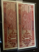1970 NETHERLANDS ANTILLES PAPER MONEY 2 X 1 GULDEN UNC CONSECUTIVE BANKNOTES