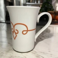 2014 Starbucks Coffee Mug Tall Cup White With Burnt Orange Diamond Scroll 11 oz