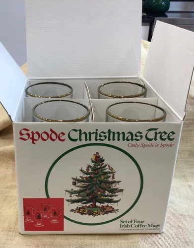 Spode -  Christmas Tree Glass  4 Irish Coffee Mugs  / 8 oz each / Gold rim MIB