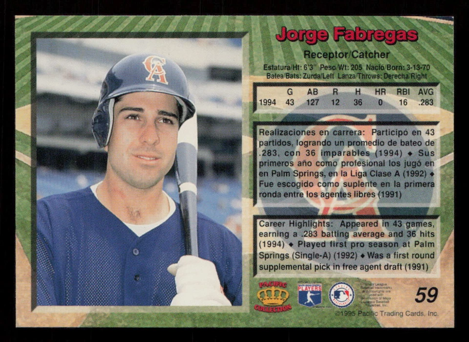 1995 Pacific Jorge Fabregas #59 California Angels Baseball Card - Image 2 of 2