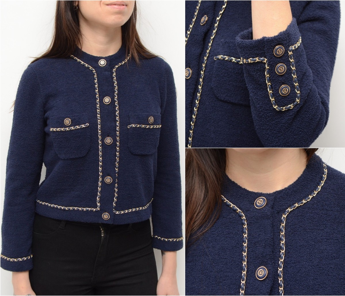 Rare Authentic Chanel Terry Navy Cardigan Jacket Size 38 Rare Authentic Chanel Terry Navy Cardigan Jacket Size 38