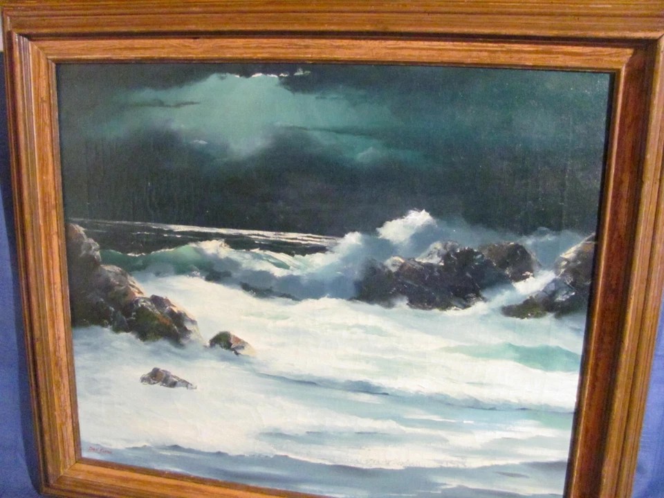 Pintura al óleo vintage Monterey, CA surf chocando en rocas noche iluminada por la luna Foto 3 de 4