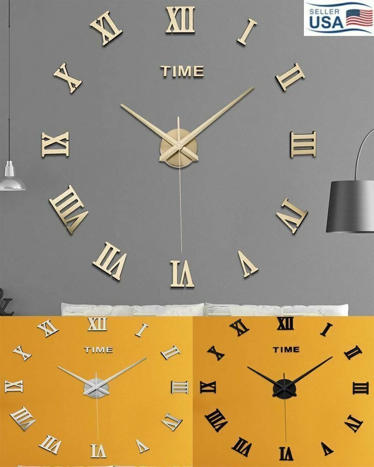 Modern DIY 3D Wall Clock Large Mirror Surface Luxury Big Art Home Decor Sticker - Image 2 of 4