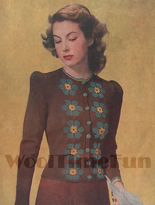 Strickmuster Vintage 40er Jahre Damen Strickjacke Blumenmuster. 34''-36'' Brustumfang.