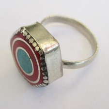 Tibetan Silver Turquoise Red Coral Jewelry Original Adjustable Unisex Ring R13