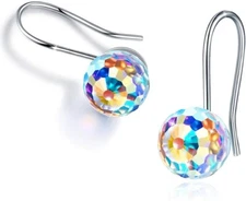 18k White Gold Plated Aurora Borealis 5MM Round Disco Ball Crystal Drop Earrings