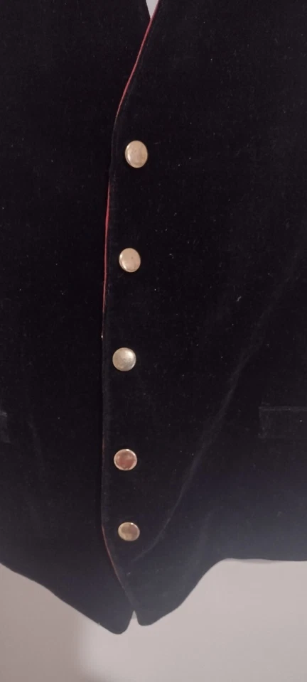Chaleco de Terciopelo Reversible Rojo Negro Vintage Botones Dorado Bolsillos Ribeteados Foto 2 de 4