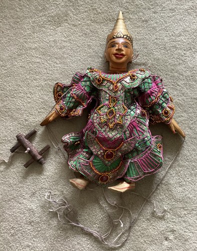 VTG Thai Burmese Marionette Handmade/Hand Sewn Traditional Dress Wood Puppet