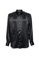 1600$ ITALO FERRETTI " FLOWER EMBROIDERED " Shirt Black 100% Silk 16 - 41 BIJAN