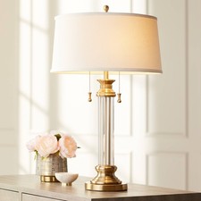 Traditional Table Lamp with USB Port Brass Metal 2-Light Drum Shade Living Room