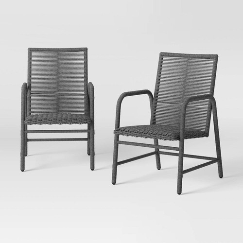 Threshold Set of 2 Padded Wicker Dining Chairs Outdoor Patio Armchairs, Gray