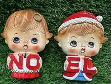 Vintage Lipper & Mann Boy & Girl Christmas Flat Face NOEL Figurines Set Japan