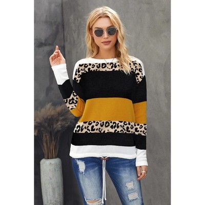 Women's XL Leopard Print Color Block Striped Knit Sweater Long Sleeve Crewneck