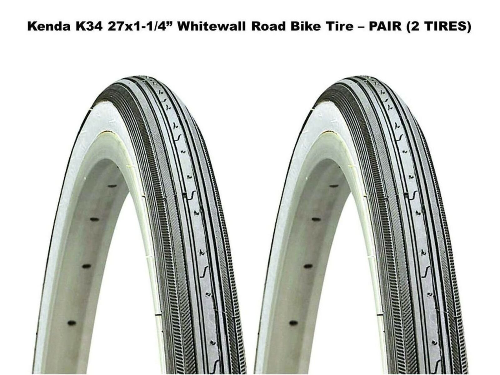 Kenda K34 27 x 1-1/4" White Wall Road Bike Tires, Wire Bead - Pair (2 Tires)