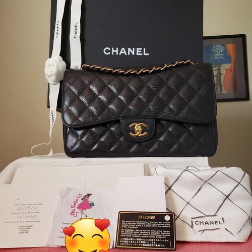 CHANEL Classic black Caviar Gold hw Jumbo double Flap Bag 24730469