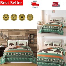 Twin Wilderness Quilt Set with Bear Design  Reversible Sham for Rustic Retreats