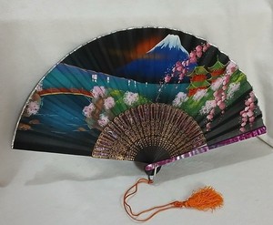 Vintage Japanese Silk Hand Fan Mount Fuji Multicolor on Black w/ Abalone Inlay