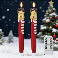 Christmas Flameless Taper Candles with Remote Timer, 2 Pcs Hand-Painted Reind...