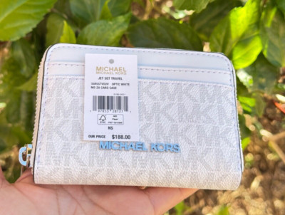MICHAEL KORS JET SET TRAVEL MD ZIP AROUND CARD CASE WALLET MK OPTIC WHITE