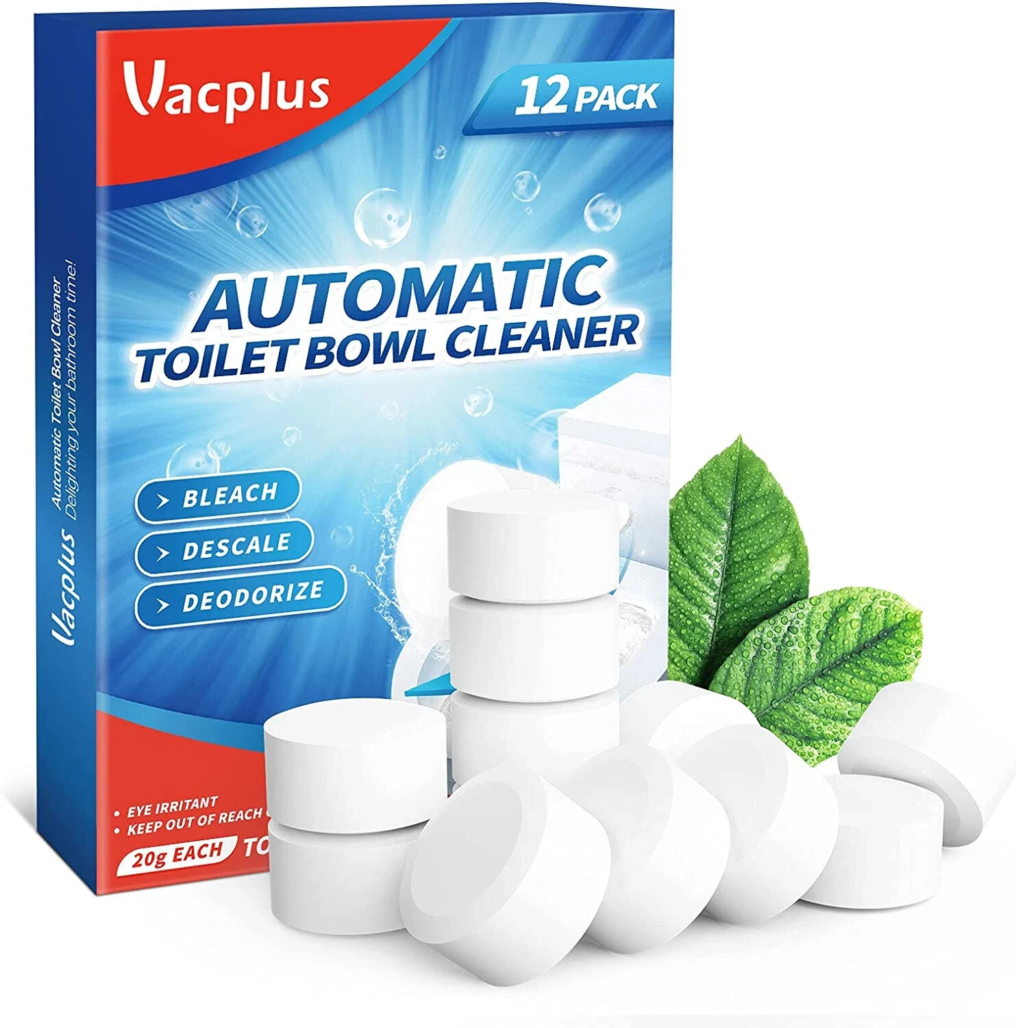 Vacplus Automatic Toilet Cleaner Tablets 12 Pack with Bleach for Bathroom Cleaning