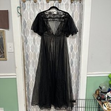 Vintage VAL MODE Peignoir Black Nylon Sz L Negligee Robe 60s 70s
