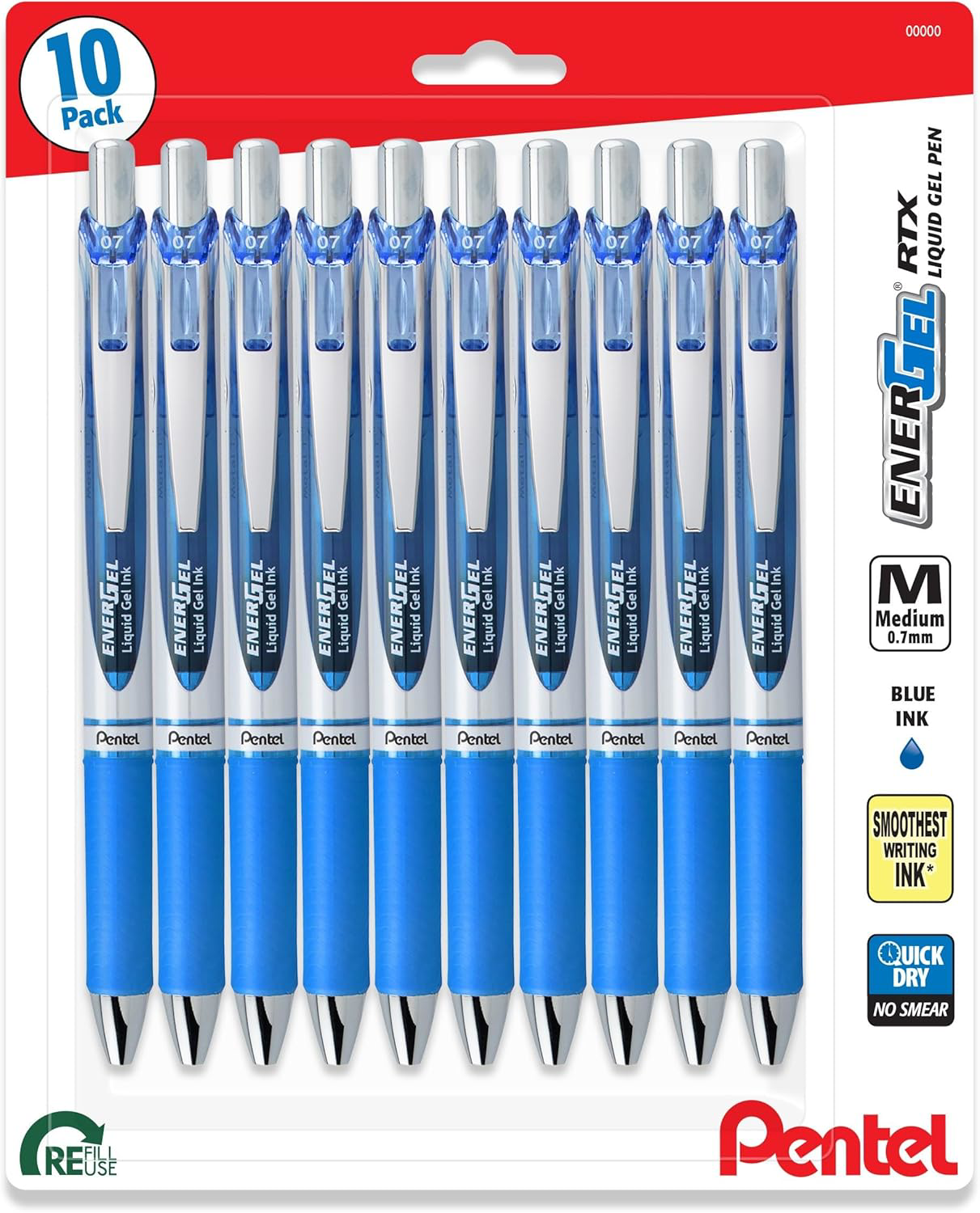 Pentel Energel 0.7mm Gel Ink Pens - Pack of 10 Blue Medium Point Pens