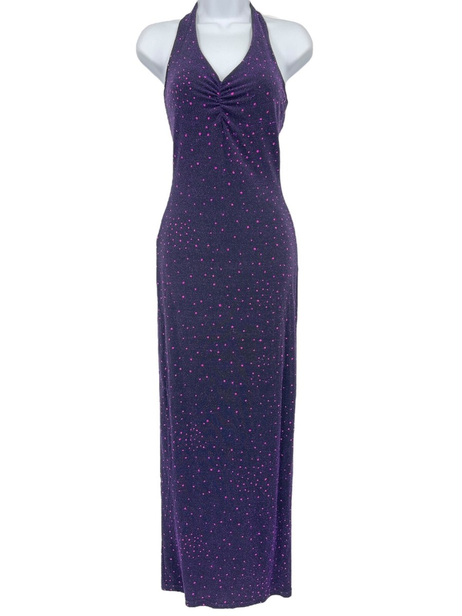 My Michelle Vintage Y2K Glitter Formal Dress Purple Halter Slit Stretch  Womens S