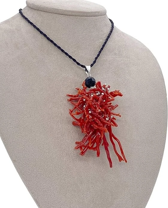 COLLANA CIONDOLO CORALLO AGATA NERA E ARGENTO - Immagine 2 di 4