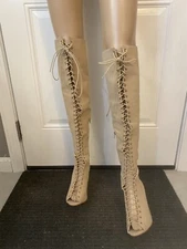 Sexy Lace Up Thigh High Open Toe 5 Inch Stiletto Boots By Glaze Tan Size