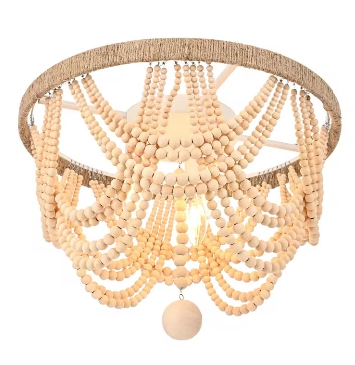 Flush Mount Chandelier Ceiling Light Fixture Shabby Beige Chic Wood Beads 16" - Изображение 3 из 4