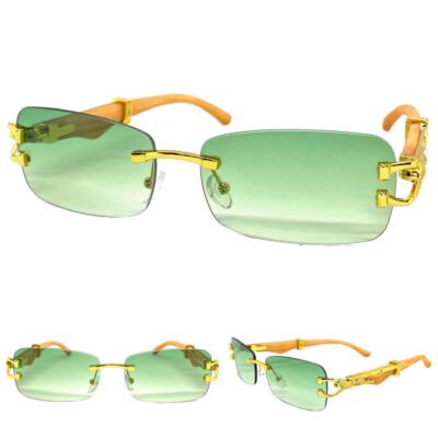 Men Classy Elegant Sophisticated Modern SUN GLASSES Rimless Gold Faux Wood Frame