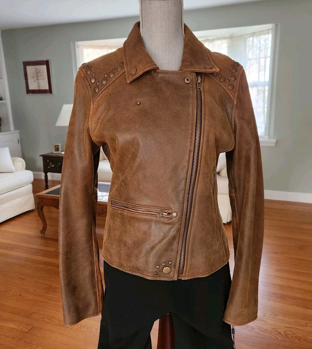 NEW Frye Lamb Leather Biker Jacket Zip Sleeves Interior Pocket Med