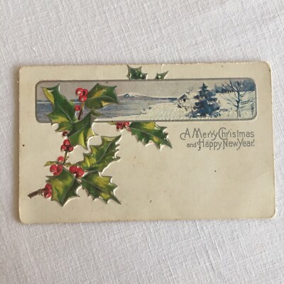 A Merry Christmas Happy New Year Snow Winter Scene E Nash Back Holly Berries  PC