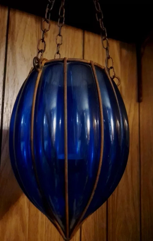 (MATCHING PAIR!!) Murano Hand Blown Caged Glass Globes Acorn Shape Cobalt Blue  - Image 2 of 4