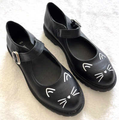 NEW HOT TOPIC Size 6 Black Kitty Cat Maryjane Shoes Leather Heeled