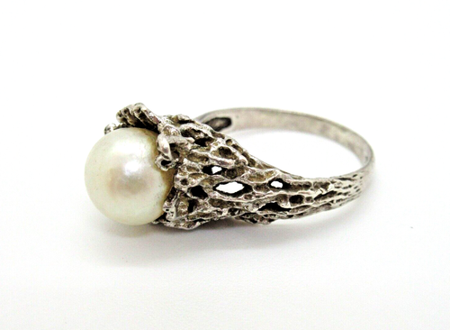 Designer MEGA Brutalist Ring 835 Silver 70s Modernist Silver Oly Era Pearl Pearl - Picture 1 of 6