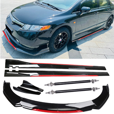 Front Bumper Lip Splitter + Side Skirt Glossy Black +Red For Honda Civic Sedan E