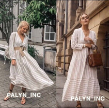 ZARA Ivory Cream Beige Stripe Print Tiered Embroidered Midi Kaftan Dress M 12 40