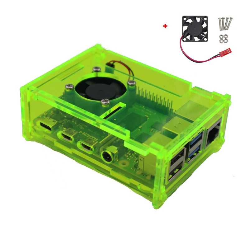 Raspberry Pi 4 Gloss Fluorescent Green Acrylic Case Enclosure Box w/Cooling Fan