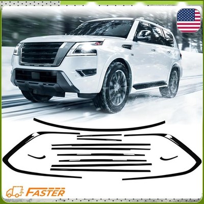 13pc Gloss Blk Window Molding Trim Frame Strips Set For Nissan Armada 2018-2024 