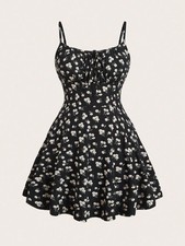 Floral Sundress Spaghetti Strap Fit Flare Mini Tie Front Summer Womens XS-XL