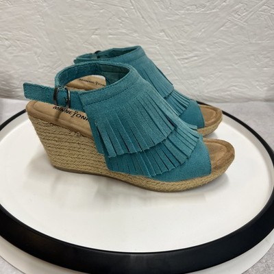 Minnetonka Wedge Sandals Women s 8 Turquoise Suede Fringe Espadrille Boho