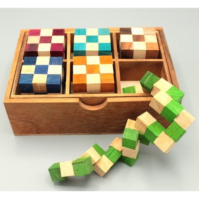 Snake Cube Geduldsspiel 6 Puzzle Würfel aus Holz in einer Box