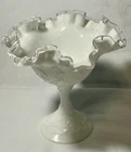 Fenton Spanish Lace Milk Glass Pedestal Compote Silver Crest Ruffled Edge