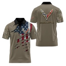 NEW Custom Name Corvette C8 American Flag Military 3D Men's Polo Shirt S-5XL