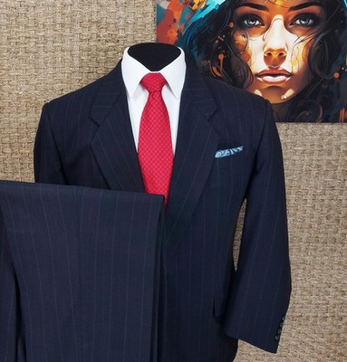 Tom James Men s Size 44R Bespoke Wool Fall & Winter Suit Blue on Navy Pinstriped