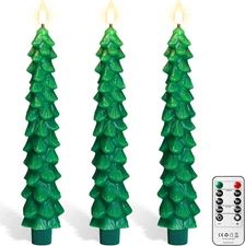 3Pcs Christmas Tree Candles with Remote Timer, Green Real Wax Flameless Taper...